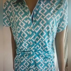 NWT Chain Print Fitted Hampton Shirt Dress by Dizzy Lizzie Turquoise Sz M&L